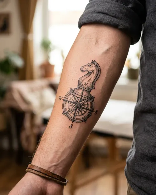 Fine-Line-Tattoo eines Schach-Springers mit Kompass-Motiv auf dem Unterarm