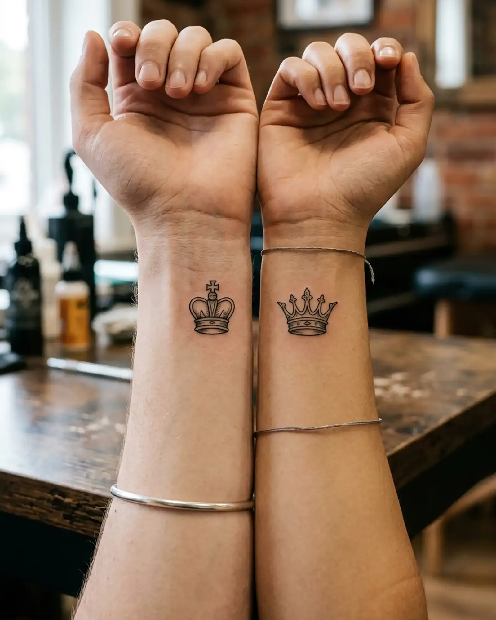 King and queen tattoo as a matching couple's motif, photorealistic shot