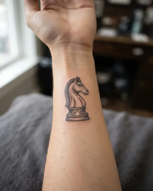 Minimalistisches Fine-Line-Tattoo-Design eines Schach-Springers, Flash-Sheet-Stil auf cremefarbenem Papier