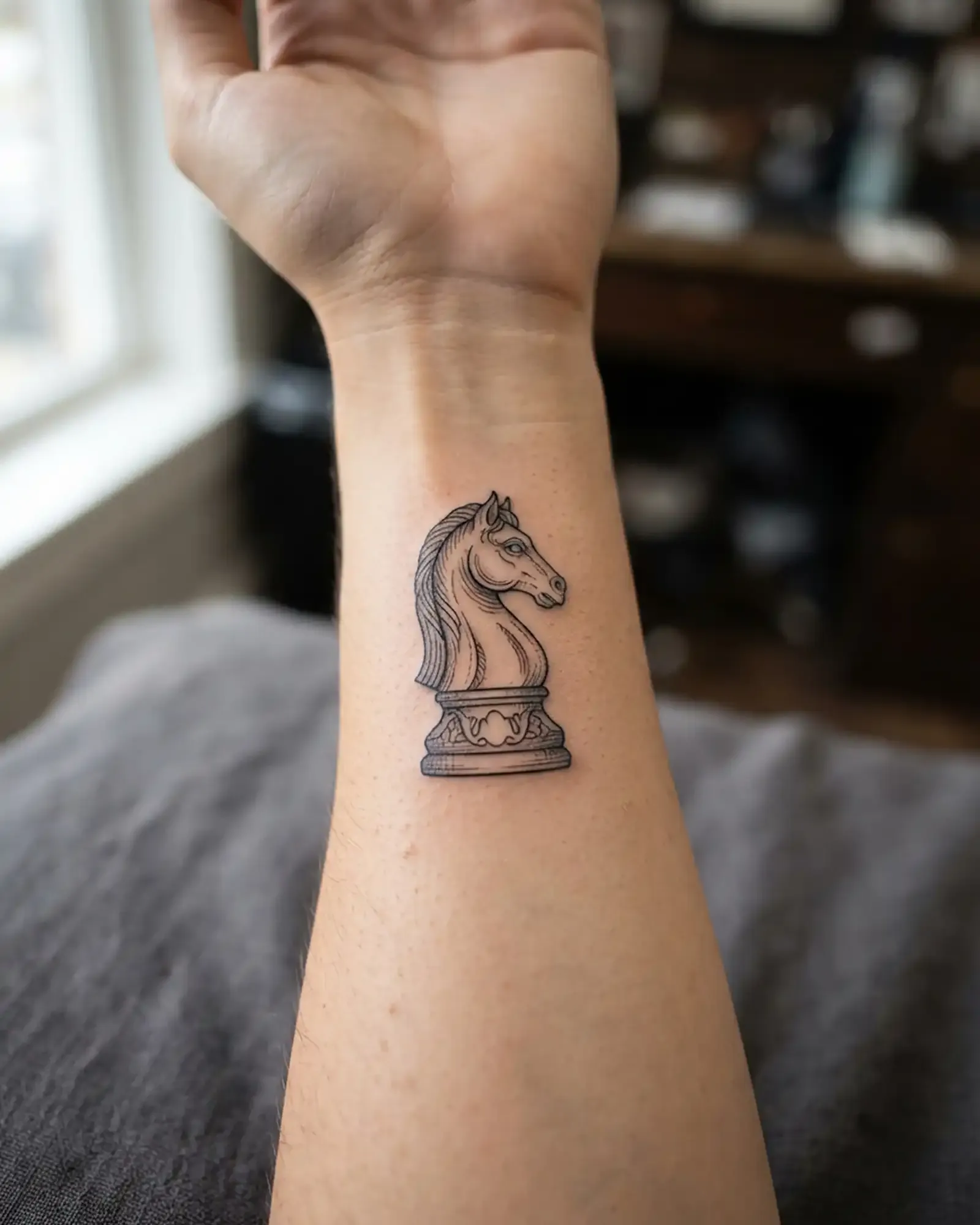 Minimalist fine-line chess knight tattoo design, flash-sheet style on cream paper