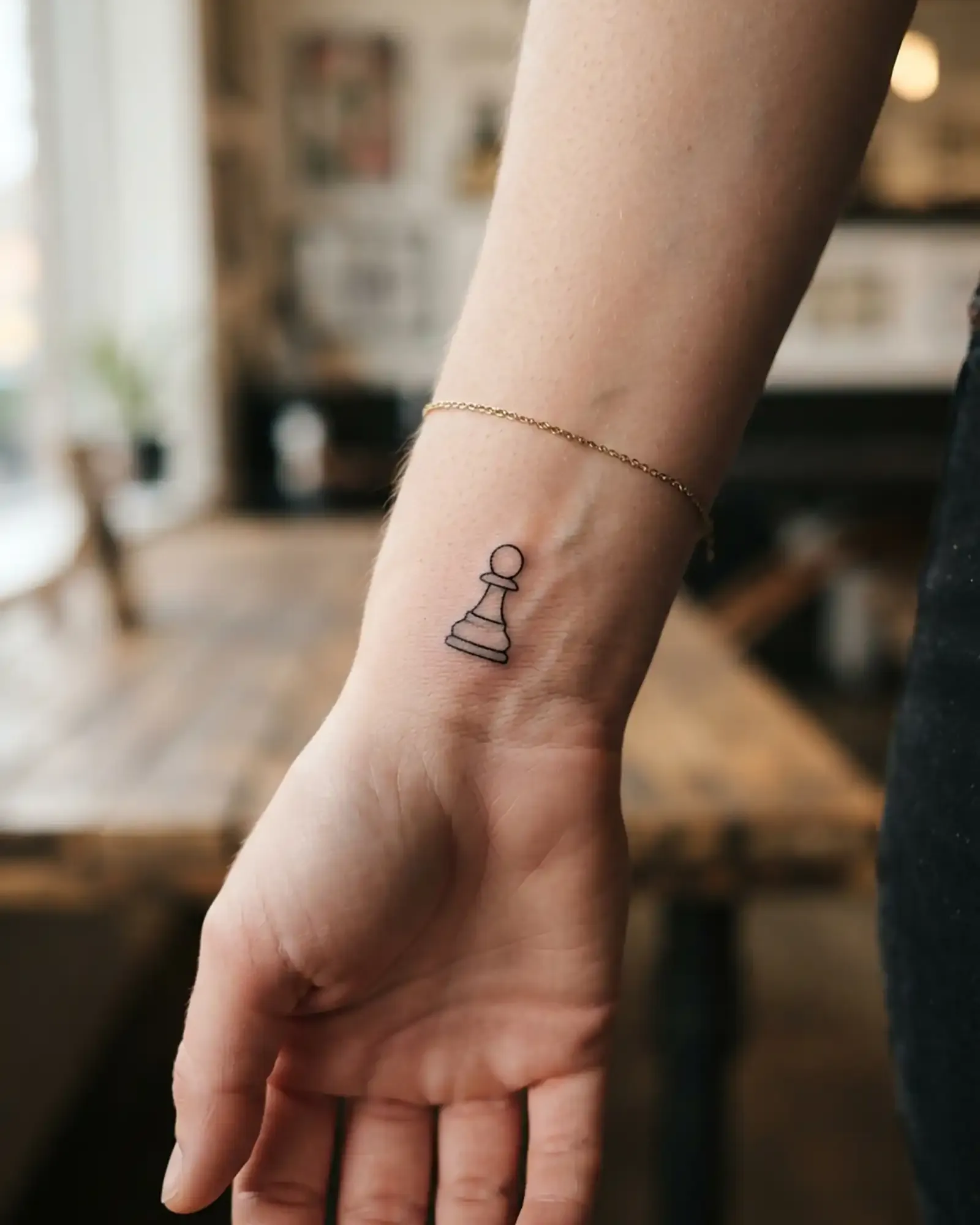 Small fine-line chess pawn tattoo on the wrist, photorealistic close-up