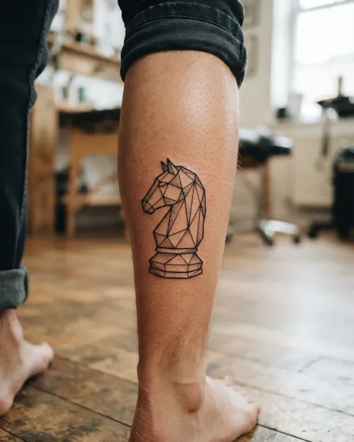 Geometrisches Low-Poly-Tattoo-Design eines Schach-Springers auf cremefarbenem Flash-Sheet-Papier