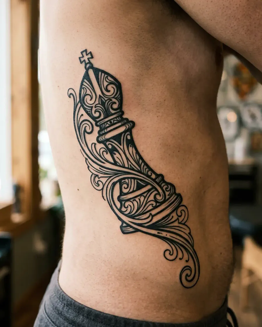 Bold Flowing Schach-Läufer-Tattoo an den Rippen, fotorealistische Nahaufnahme