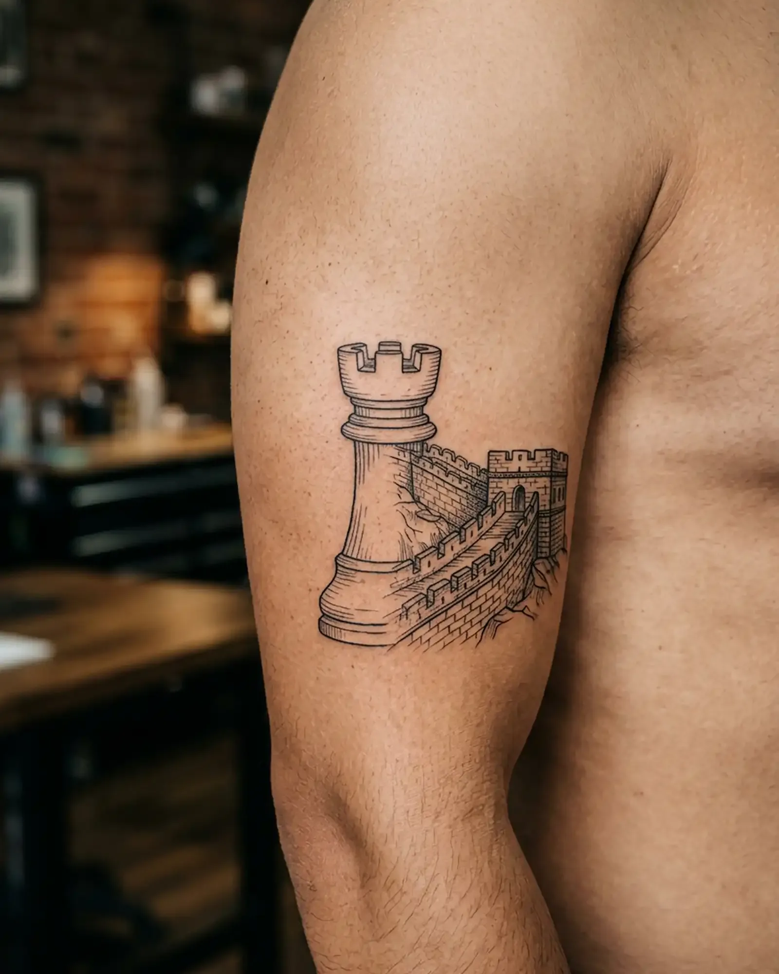 Fine-line tattoo of a chess rook merging into a fortress wall, photorealistic shot