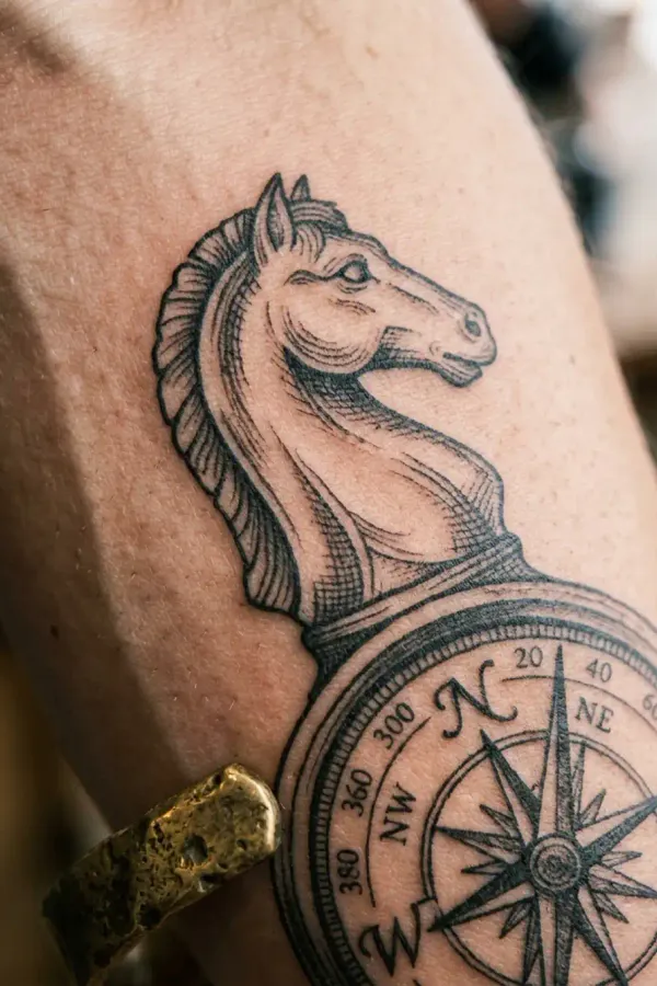 Springer-Tattoo mit Kompass am Unterarm, Nahaufnahme
