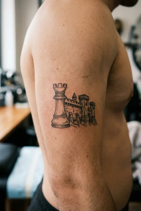 Rook and fortress wall tattoo on the upper arm