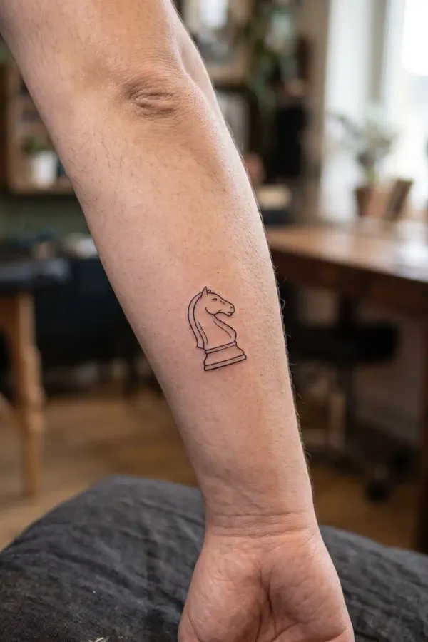 Minimalist chess knight tattoo on the forearm, fine-line style