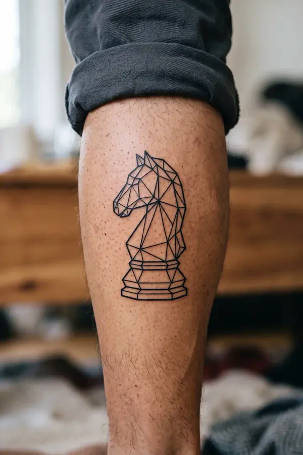 Geometric chess knight tattoo on the calf