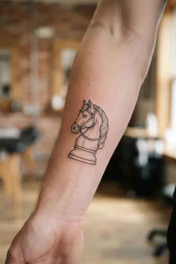 Chess tattoo on the forearm, straight-on close-up