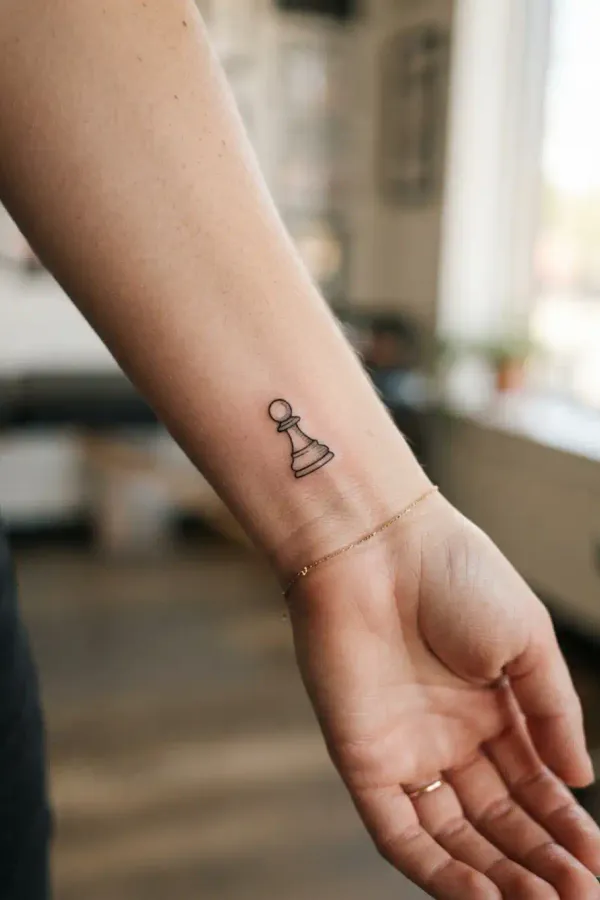 Chess tattoo on the wrist, straight-on close-up