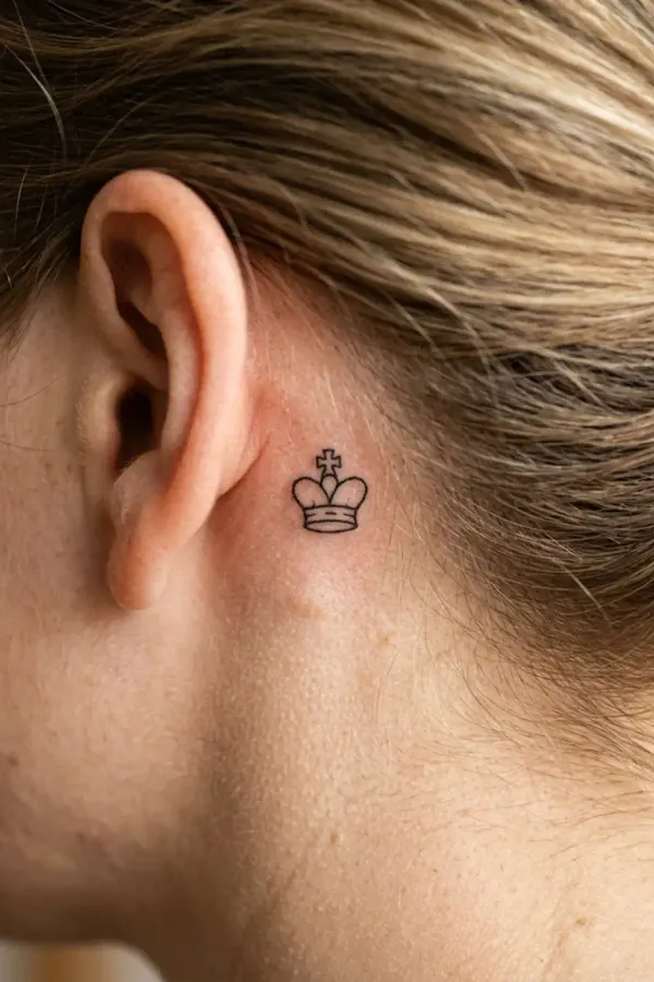 Chess tattoo behind the ear, extreme close-up