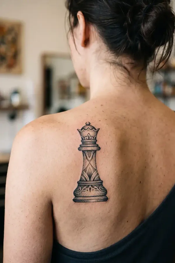 Dotwork chess queen tattoo in full regalia on the shoulder blade