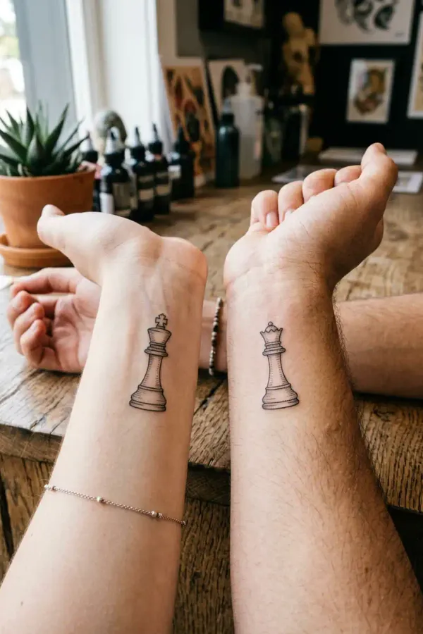 King and queen tattoo on two wrists side by side