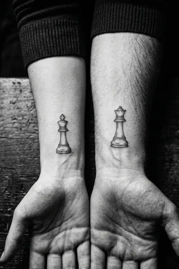 Black-and-white editorial shot of a king and queen tattoo