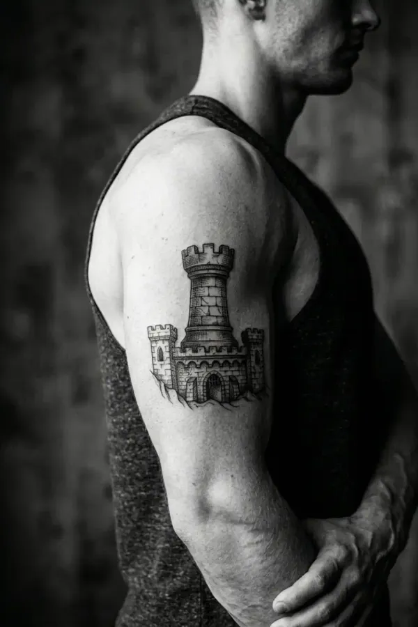 Black-and-white editorial shot of a rook tattoo
