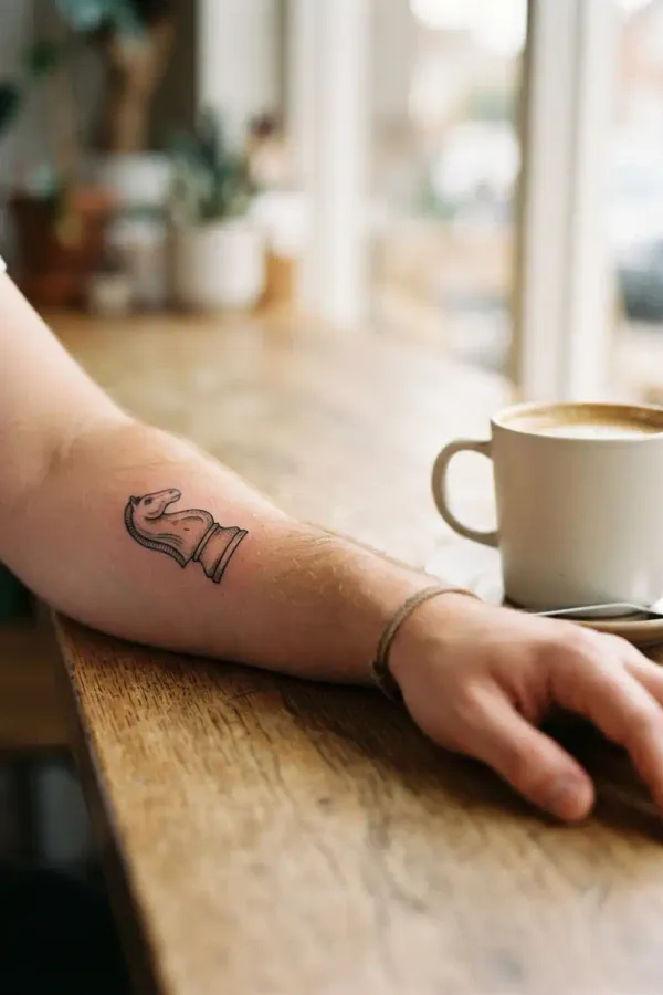 Chess tattoo on the forearm, lifestyle shot with a coffee cup