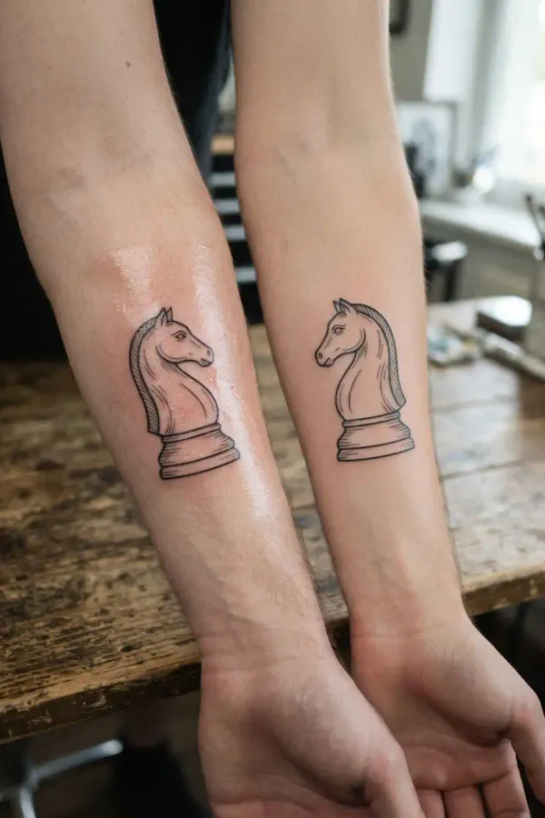 Chess tattoo on the forearm, freshly done vs. healed