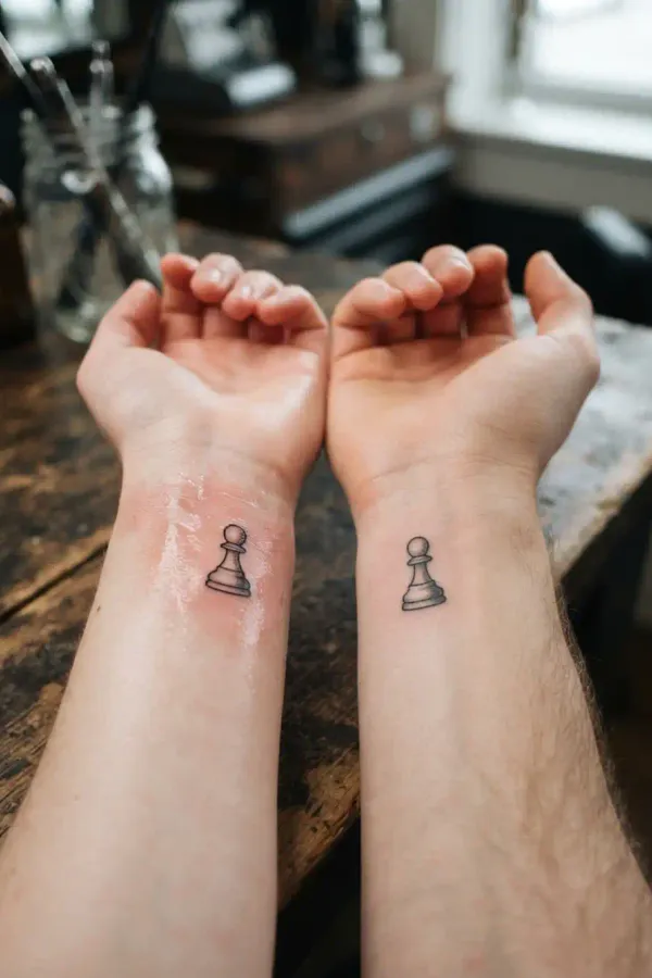 Chess tattoo on the wrist, fresh vs. healed