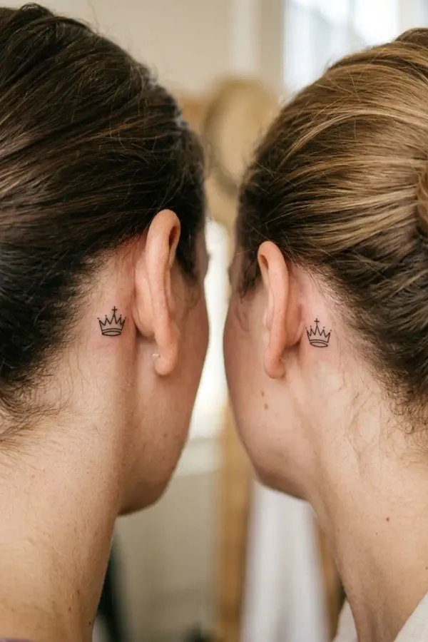 Two people with chess tattoos behind the ear