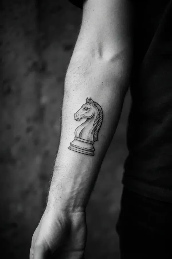 Black-and-white editorial shot of a forearm chess tattoo