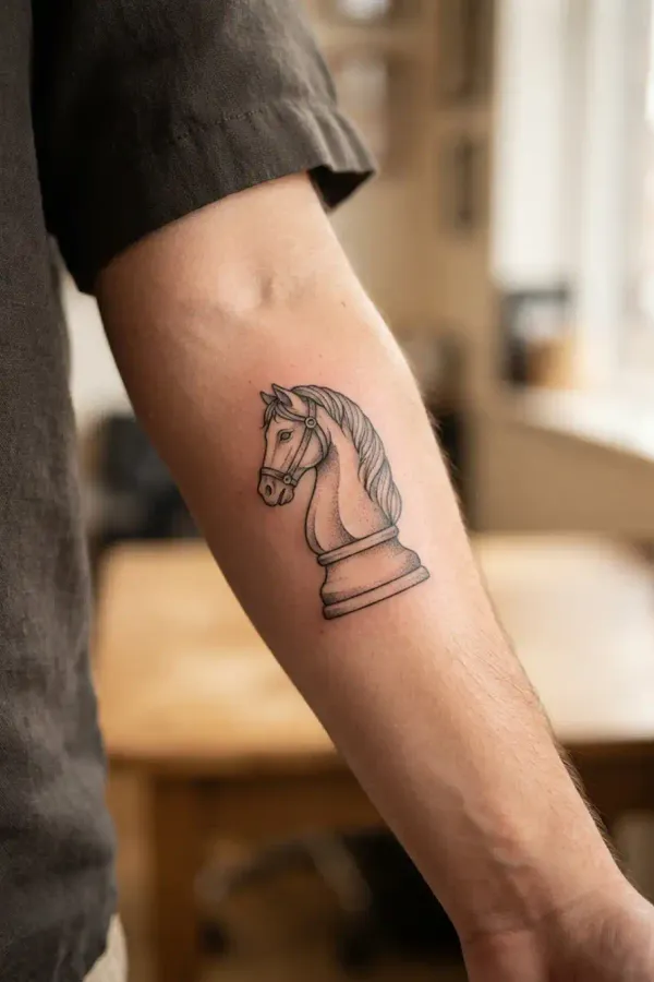 Chess tattoo on the forearm, three-quarter angle