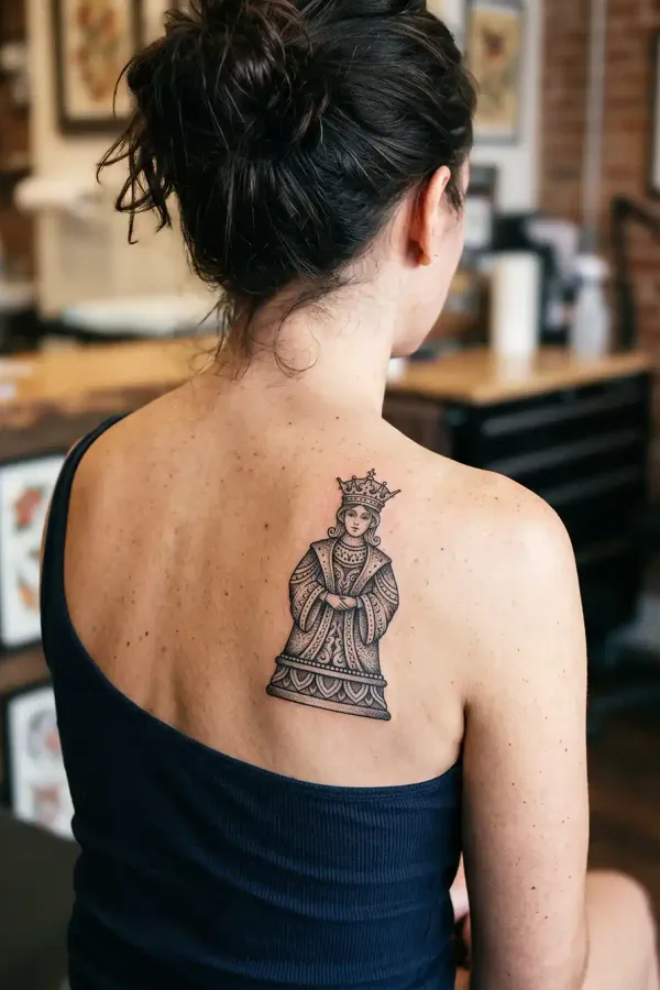 Dotwork chess queen tattoo on the upper back from a different angle