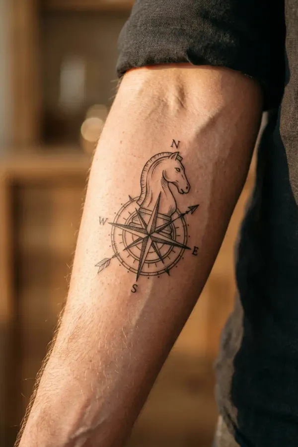 Springer-Tattoo mit Kompass am Unterarm, anderer Blickwinkel