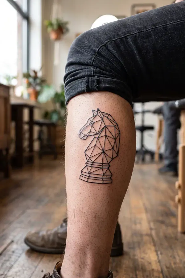 Geometric knight tattoo on the calf from a different angle
