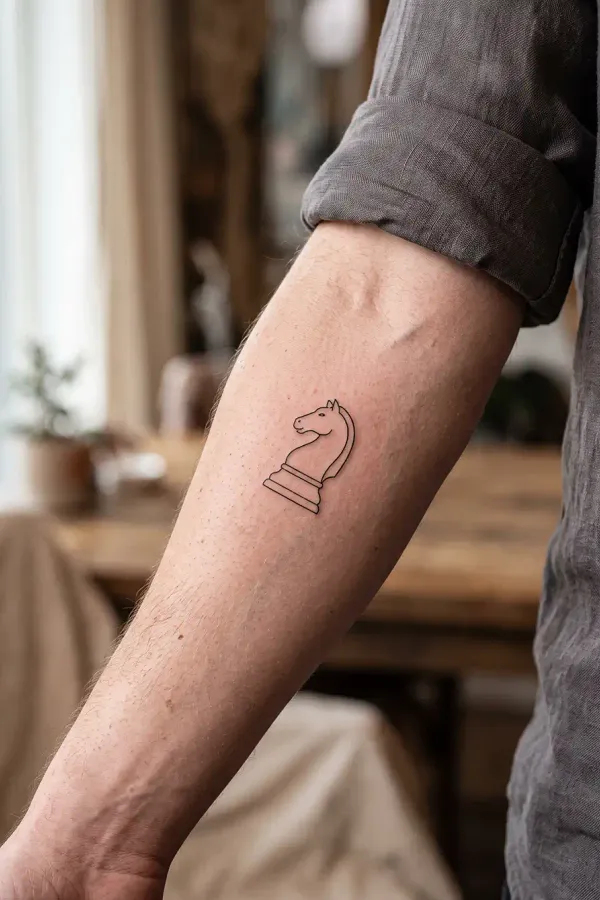 Fine-line knight tattoo on the forearm from a different angle