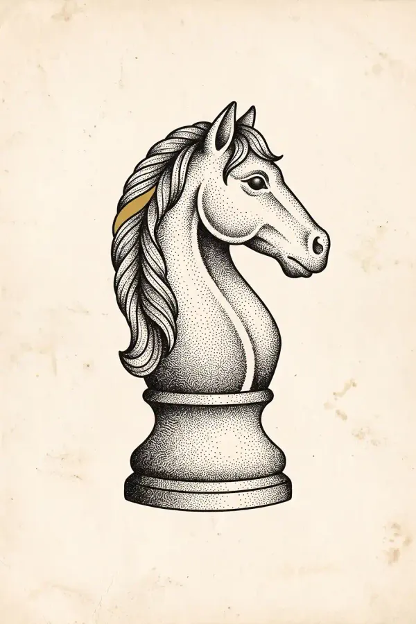 Dotwork tattoo design of a classic chess knight as a flash-sheet illustration