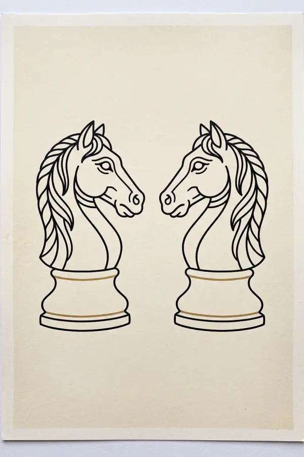 Two chess knights facing each other as a fine-line flash design
