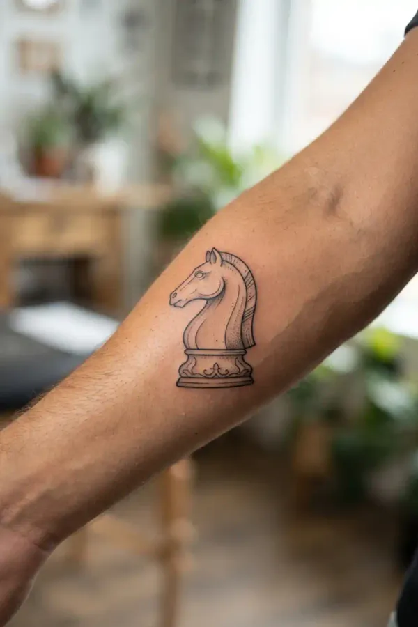 Chess tattoo on the forearm, side profile