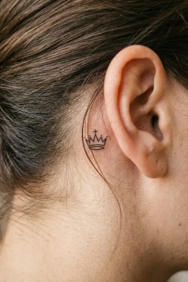 Chess tattoo behind the ear, partly covered by hair