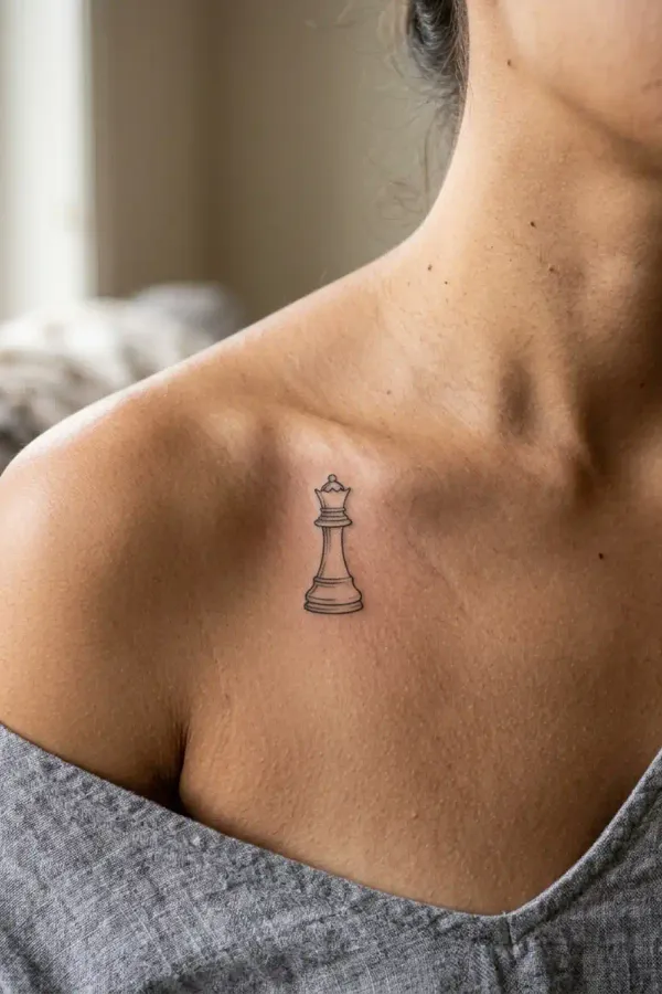 Queen tattoo alone on the collarbone