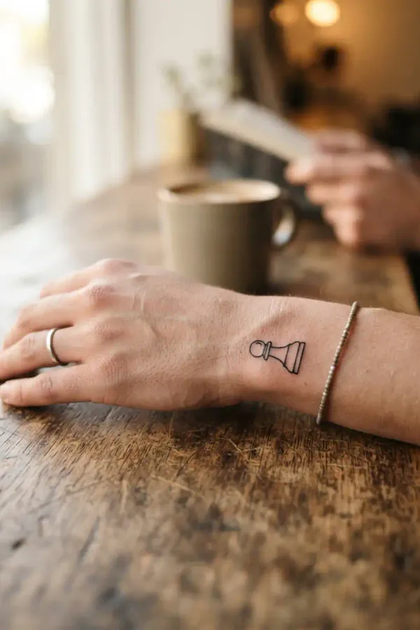 Chess tattoo on the wrist, hand resting on a table