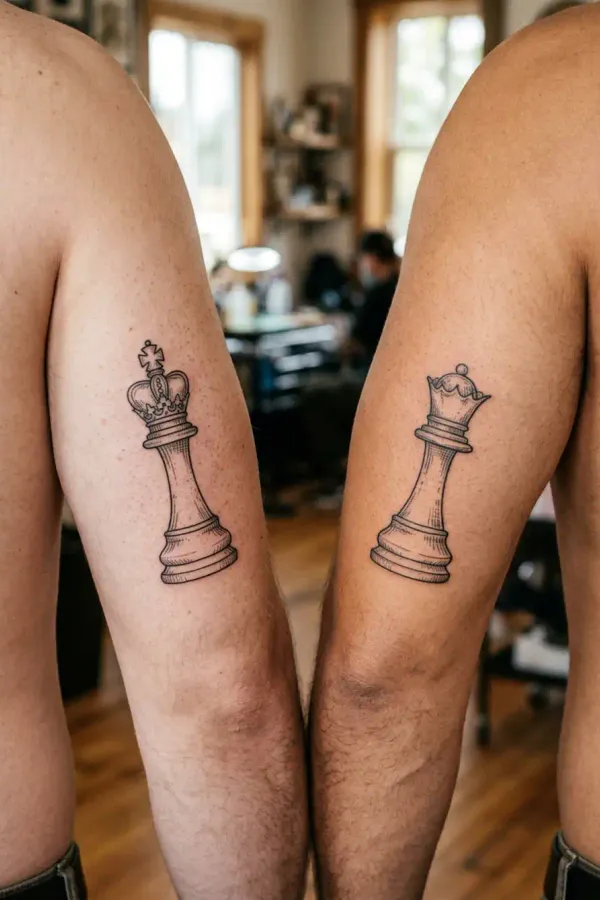King and queen tattoo on the upper arms, larger version