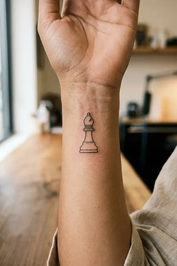 Fine-line bishop tattoo on the wrist
