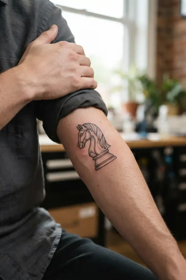 Chess tattoo on a bent forearm