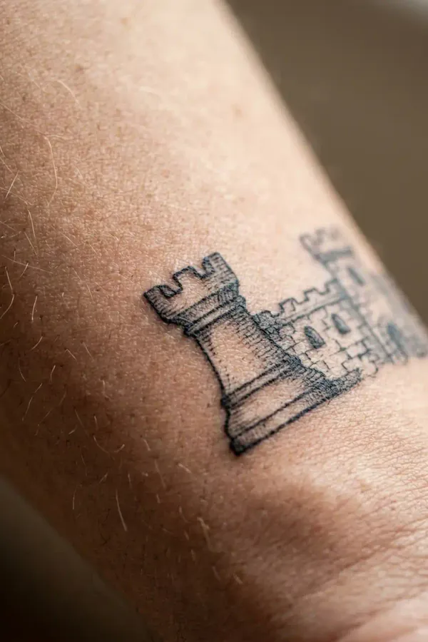 Macro shot of a rook tattoo's battlements