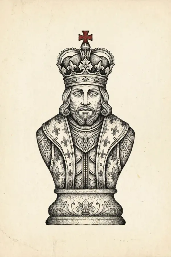 Dotwork chess king tattoo in portrait style, flash-sheet design
