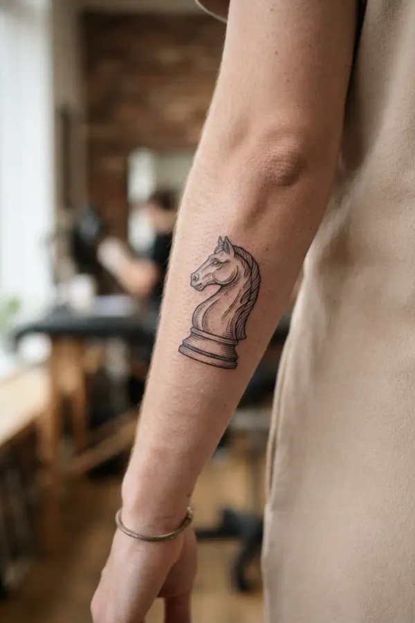 Chess tattoo on a relaxed forearm at the side of the body