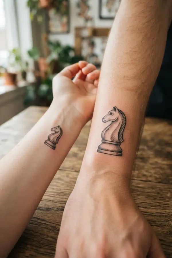 Size comparison of two chess tattoos on the forearm