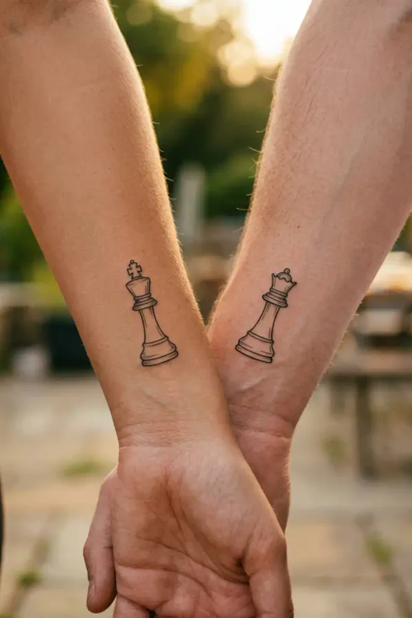 King and queen tattoo in warm evening light