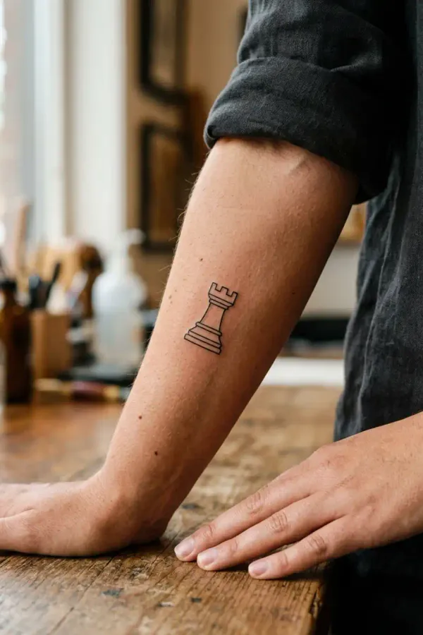 Fine-line rook tattoo on the forearm