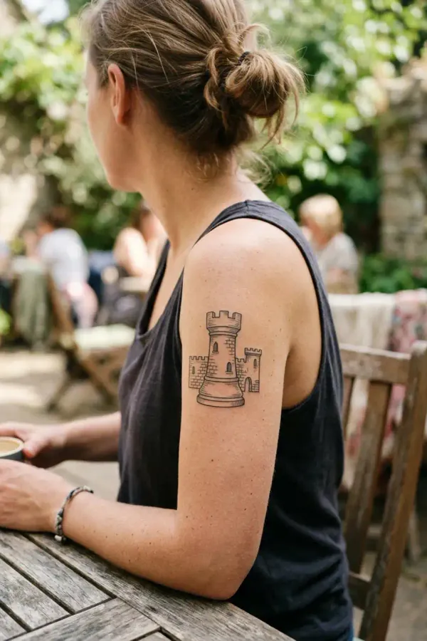 Rook tattoo, lifestyle shot on the upper arm