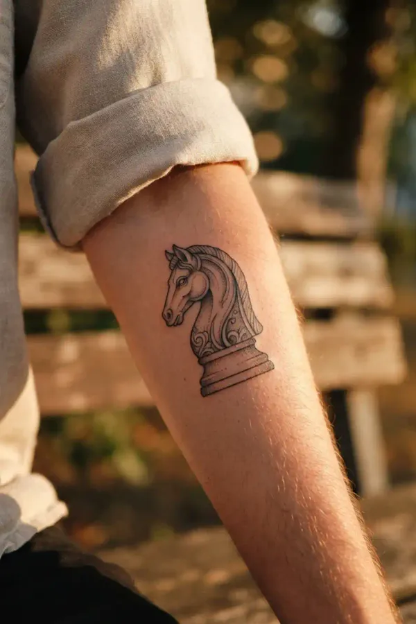 Chess tattoo on the forearm in warm evening light