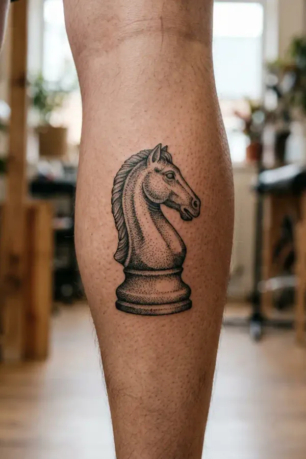Dotwork knight tattoo on the calf