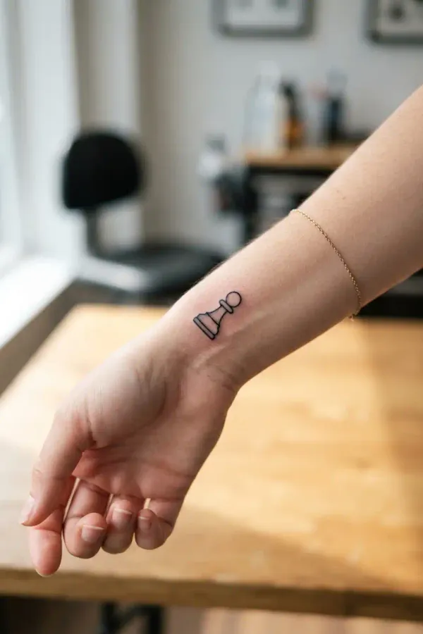 Chess tattoo on the wrist in natural window light