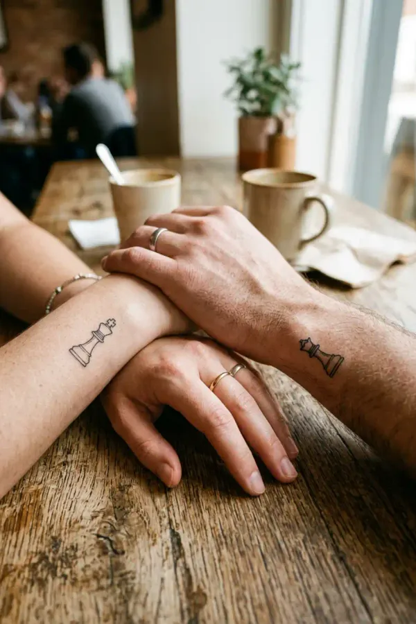 King and queen tattoo, lifestyle shot of two hands