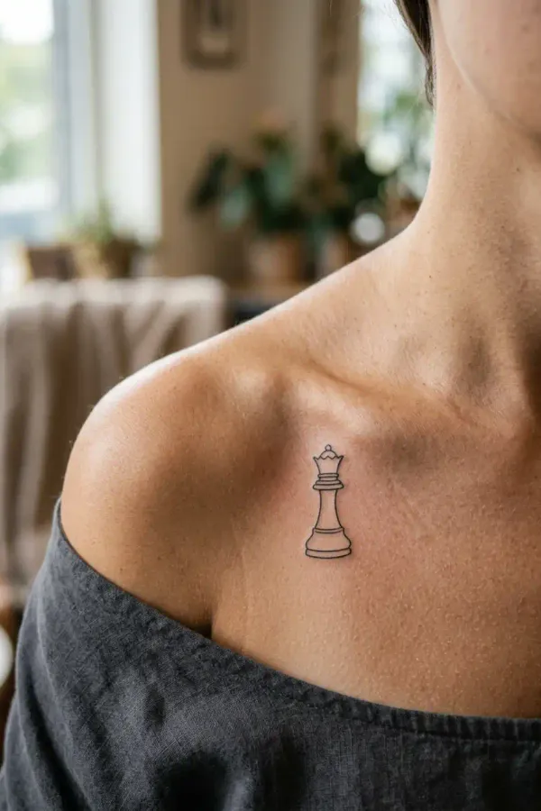 Fine-line queen tattoo on the collarbone